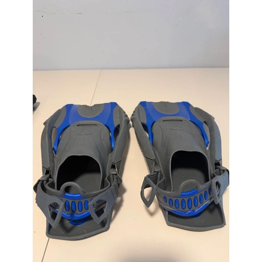 Aqua Lung Sport Snorkel Fins Blue Grey Adjustable Open Heel L/XL with Mesh Bag